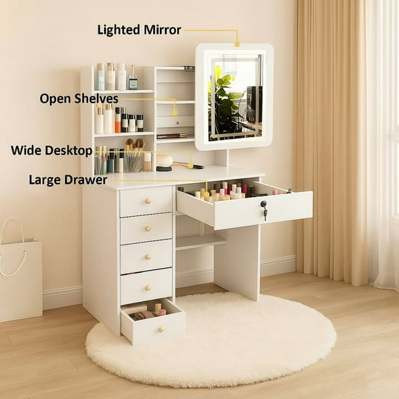 Lighted Sliding Mirror And Stool, Dressing Table Desk With Power Outlet , 6 Drawers And Open Storage Shelves, Large Vanity Set With Lighted Mirror For Bedroom Girls