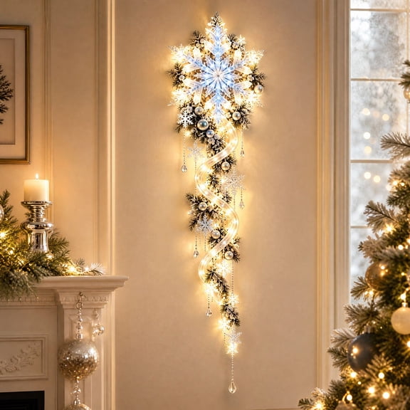 Lighted Snowflake Spiral Vine Wall Lamp Christmas Wall Hanging Decor Large Snowflake Pine Branches Baubles Crystals for Porch Entry Wall