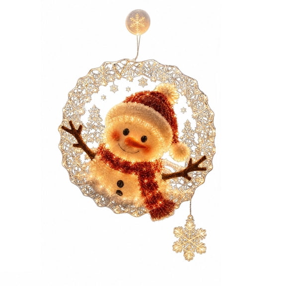 Lighted Snowman Christmas Window Decoration, LED Snowflake Hanging Ornament with Red Hat and Scarf for Home Indoor Holiday Decor