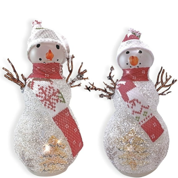 Lighted Snowman Set of 2 White Frosted Glitter Snow Couple with Stocking Hats and Scarves-9799