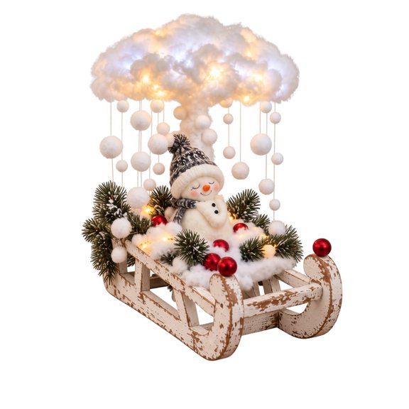 Lighted Snowman Sled Scene with Faux Snow Falling Cloud and Led Lights, Distressed Wood, for Holiday Tabletop Display, Christmas Decoration