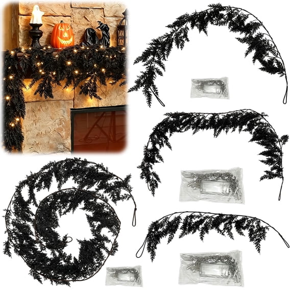 Lighted Soft Greenery Garland 1M with 3M LED Lights, Artificial Vine for Fireplace Table Living Room Holiday Decor, Black, 1M+3M, PVC