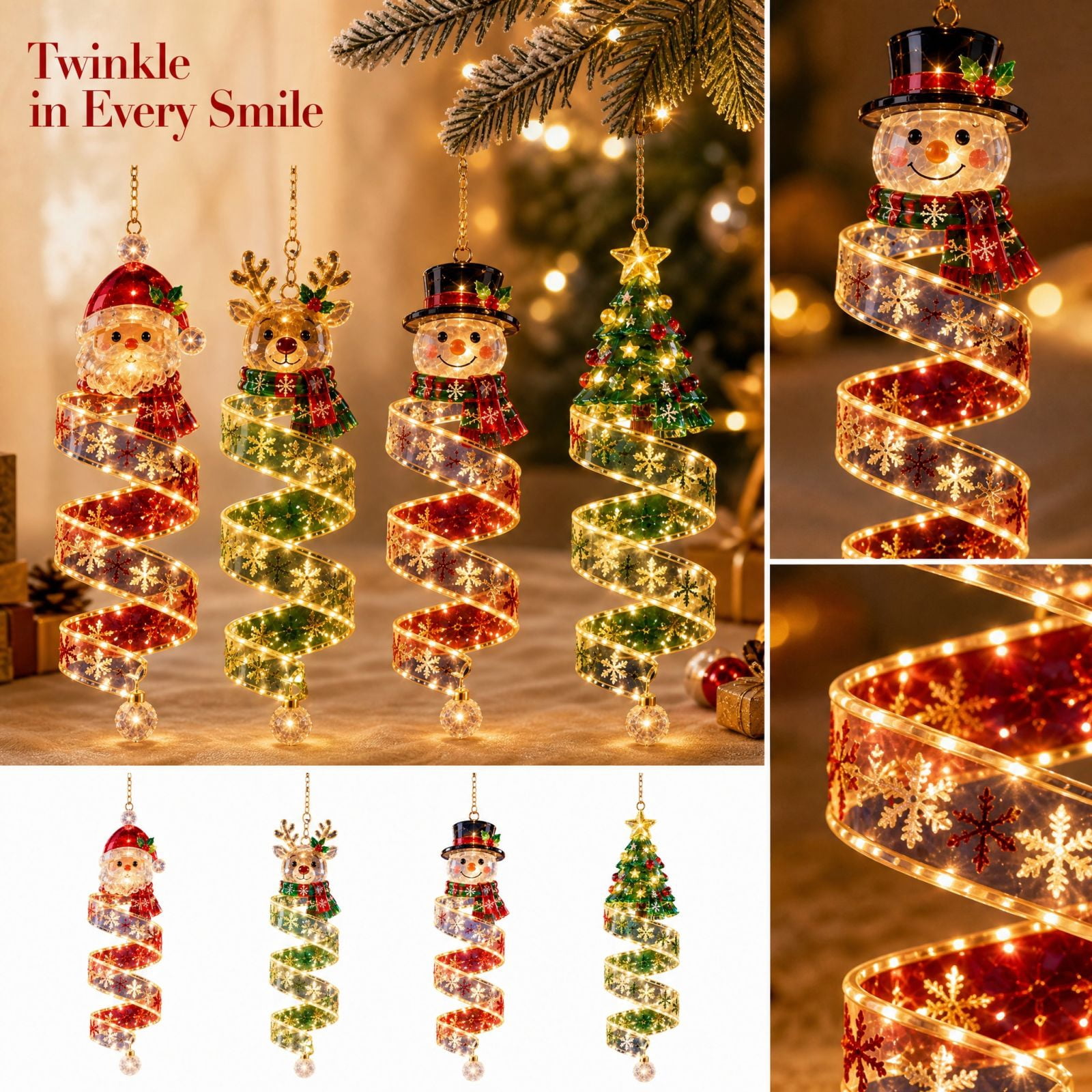 Tree Shape Patterns Lighted Spiral Snowman Christmas Tree Ornament with Snowflake Pattern ...