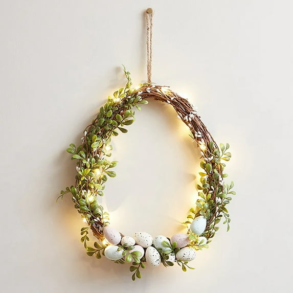 Lighted Spring Easter Wreath for Front Door,9.8” Artificial Easter Wreath with LED Lights Colorful  Pastel Eggs,Hanging Garland with Green Leaves for Holiday Easter Decoration