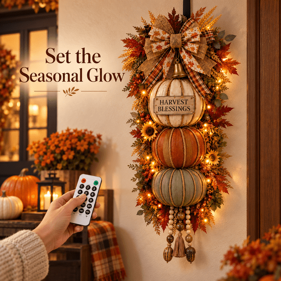 Lighted Stacked Pumpkin Door Decoration, Tiered Orange Pumpkin Silhouettes, LED Lighting Accents a Fall Entrance, Illuminated Decorative Display, for Front Doors, Covered Porches, and Entryways