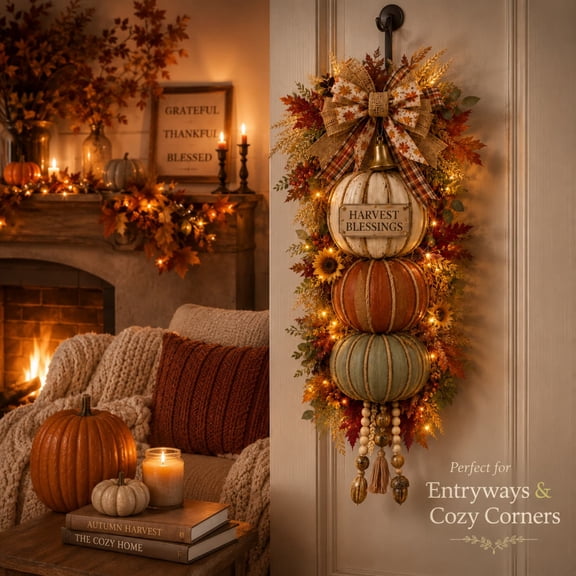 Lighted Stacked Pumpkin Fall Door Decor with Remote,22.83in Rustic Wooden Autumn Swag Sign with Warm LED Lights and Plaid Bow,Thanksgiving Front Door,Porch and Wall Hanging