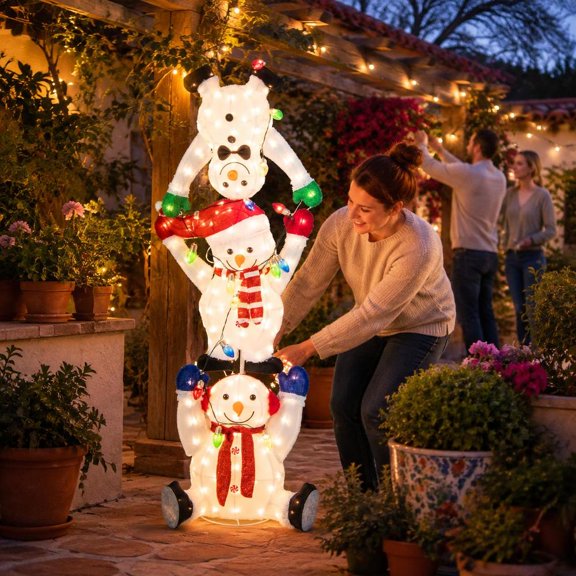 Lighted Stacked Snowmen Christmas Decoration, 5.6 Ft, 150 Led Lights, Indoor Outdoor Holiday Decor