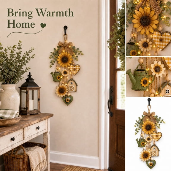 Lighted Sunflower Wooden Wall Hanging Decor, Farmhouse Rustic Hanging Ornaments with LED Lights, Sunflower Heart Watering Can House Wood Wall Sign for Front Door Home Wall Decorations