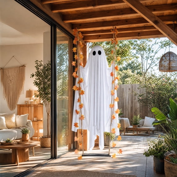 Lighted Swing Ghost Hanging Halloween Decor, Remote Timer LED Mesh Ghost Ornament, Maple Leaf Accent Outdoor Yard Porch Tree Decoration, Weather Resistant Holiday Front Lawn Display Prop