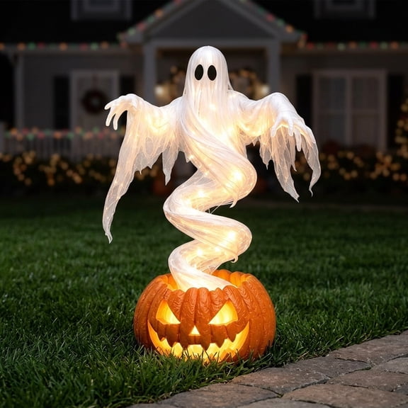 Lighted Swirling Ghost on Pumpkin Halloween Decor, Warm LED Spooky Ghost Statue Lamp Outdoor Porch Pathway Decoration, Fall Autumn Garden Lawn Holiday Ornament for Halloween Party Decoration
