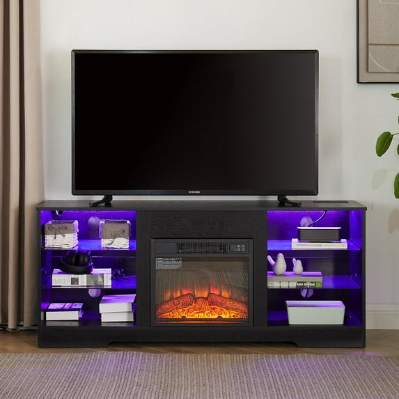 Lighted TV Stand Electric Fireplace TV Stand with Glass Shelves, 3D Fireplace TV Stand with LED Light Wood Open Shelves Table for TV up to 60-65",Black