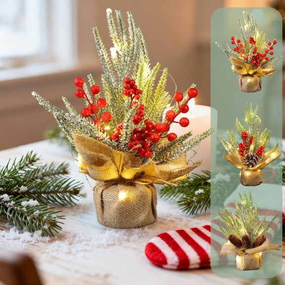 Lighted Tabletop Christmas Tree with Red Berry Pinecones, Mini Artificial Christmas Tree for Home Decor and Holiday Party Favor, Small Christmas Tree for Mantel Display and Indoor Akmoler