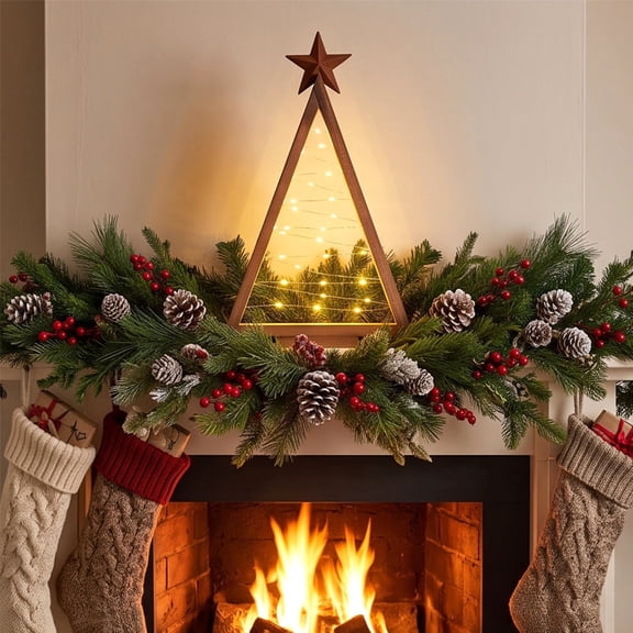Lighted Tabletop Christmas Tree Rustic Wooden Holiday Decor with Built in String Lights for Desktop Mantel