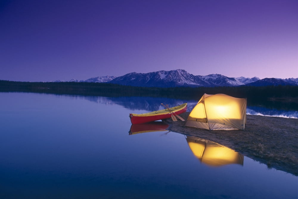Lighted Tent & Canoe Byers Lake Tokosha Mts Sc Ak Evening Summer Canvas Art - Michael DeYoung Design Pics (34 x 22)