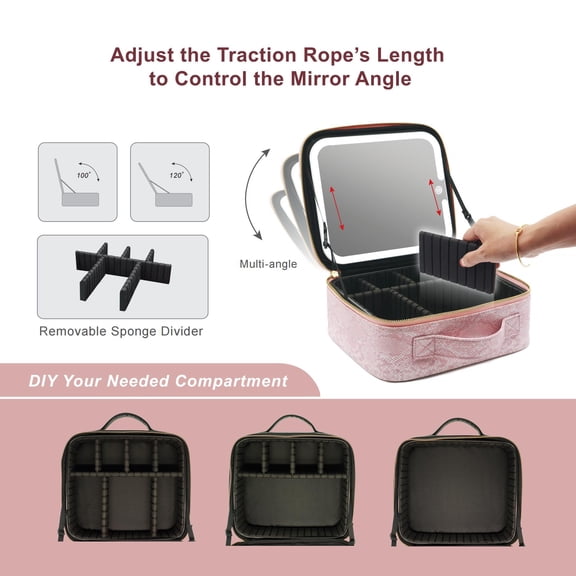 Lighted Travel Makeup Case with LED Mirror Adjustable Angle, DIY Compartments