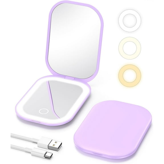 Lighted Travel Makeup Mirror with Light and Magnification, 3X Magnification Rechargeable Small Mirror with Three-Color Adjustable Light, Led Mini Mirror for Purse - Purple