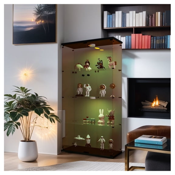 Lighted Two Door Glass Cabinet Glass Display Cabinet with 4 Shelves, Brown