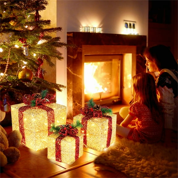 Lighted Up Present Boxes for Christmas, 5M LED Plug in Lighted Xmas Gift Boxes, Decorative Present Box Under Christmas Tree Outdoor Indoor, Gold, Set of 3