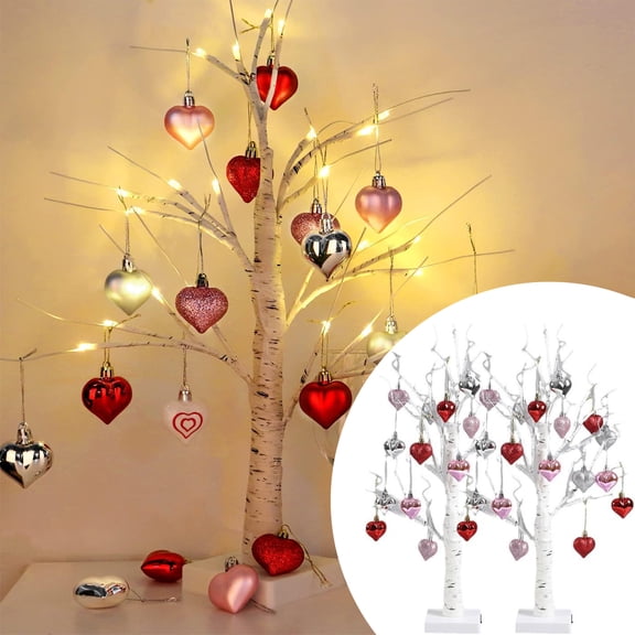 Lighted Valentine Birch Twig Tree with 24 Heart Ornaments – Romantic White LED Tabletop Tree, Valentine’s Day Home Wedding Dinner Decor Gift