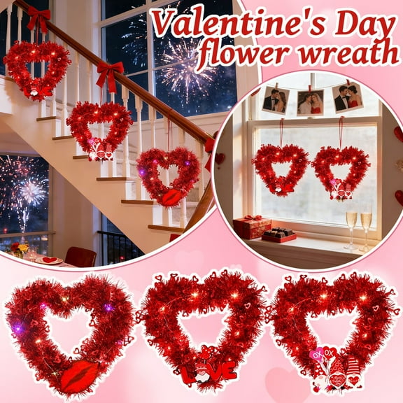 Lighted Valentine Heart Wreath,12 in Purple Red Heart Shaped Tinsel Wreath with LED Lights,Foil Hearts and Love Sign,Red Valentine's Wreath for Front Door,Valentines Day 3 Pcs