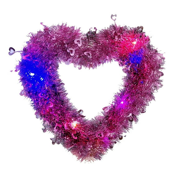 Lighted Valentine's Day Heart Wreath - 11." Pink Tinsel Wreath with Glitter Foil Hearts & LED Lights, Romantic Front Door Wall Decor for Wedding Birthday Party Indoor Outdoor Festive Decoration