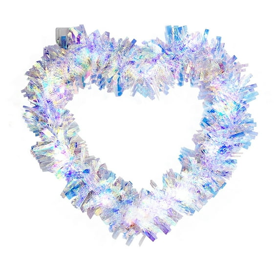 Lighted Valentine's Day Heart Wreath - 11." White Tinsel Wreath with Glitter Foil Hearts & LED Lights, Romantic Front Door Wall Decor for Wedding Birthday Party Indoor Outdoor Festive Decoration