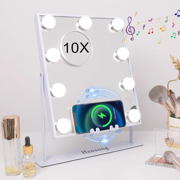 Lighted Vanity Mirror with Bluetooth Speaker and Wireless Charging Makeup Mirror with Lights 9 Dimmable Bulbs Lighted Makeup Mirror 3 Color Lighting Tabletop (White)
