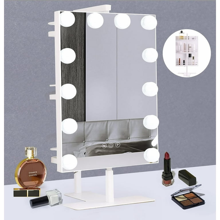 Lighted Vanity Mirror with Lights Makeup Mirror with Storage Shelves Vanity Mirror with Lights 12 Dimmable LED Bulbs 3 Color Lighting Modes Smart Touch Control Detachable 10x Magnification Walmart