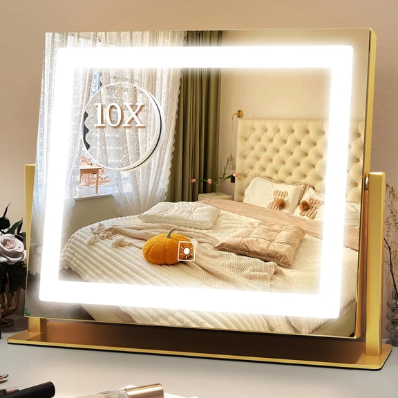 Lighted Vanity Mirror with Touch Controls, 3-Color Dimmable LED, 10X Magnifying Lens, Gold Aluminum Frame, 14 x 11 Inch Rectangular Tabletop Mirror