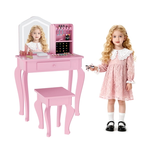 Lighted Vanity Table and Stool Set for Kids, Princess Makeup Playset with Mirror for Girls Age 4-9