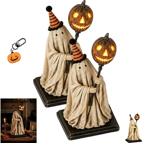 Lighted Vintage Ghost Figurine with Glowing Pumpkin Staff, Halloween (2) | Cute lighted ghost statue with glowing pumpkin staff for mantel. Vintage Halloween indoor decoration for table, entryway.