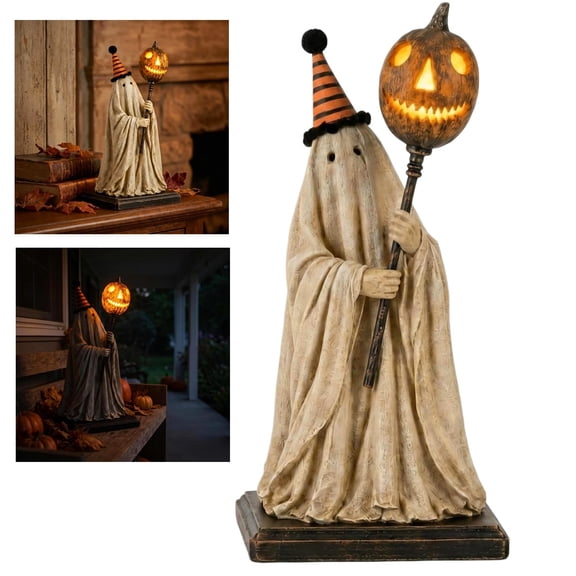 Lighted Vintage Ghost Figurine w/ Glowing Pumpkin Staff Spooky Decor Cute Spooky Ghost Statue for Mantel Shelf Entryway Table Home Office