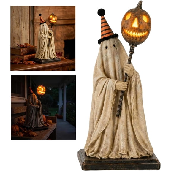 Lighted Vintage Ghost Figurine with Glowing Pumpkin Staff | Cute Spooky Ghost Statue for Mantel Shelf Entryway Table Home Office