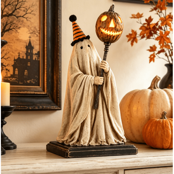 Lighted Vintage Ghost Figurine with Glowing Pumpkin Staff, Flowing Ivory Robe Ghost Sculpture LED Pumpkin Staff Fall Home Accent