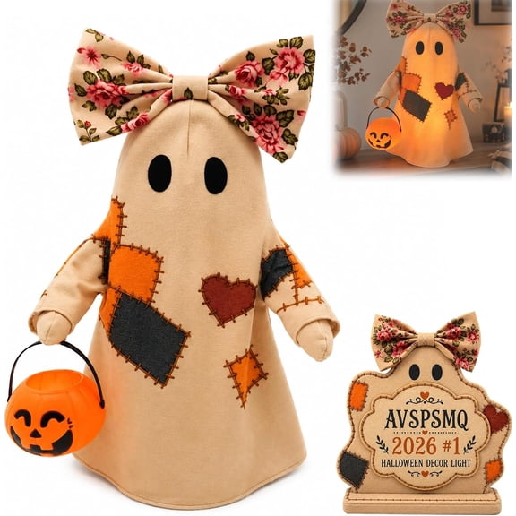 Lighted Vintage Patchwork Fabric Ghost Halloween Decor LED Pumpkin Lantern Plush Ghost Lamp Stuffed Figurine Tabletop Decoration for Mantel Shelf Tiered Tray Fall Home Office