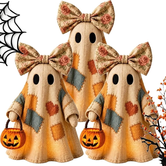 Lighted Vintage Patchwork Ghost, 13.8in LED Sweet Ghost with Pumpkin Lantern, Patchwork Ghosts Lamp for Halloween Decor, Harvest Fall Halloween Decorations for Mantel Shelf Entryway Porch (3Pack)