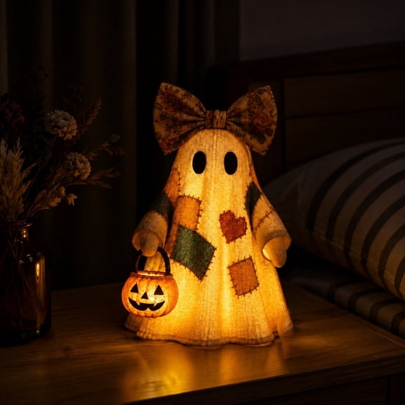 Lighted Vintage Patchwork Ghost, 24 Inch Floral Bow Quilted Light Up Ghost with Pumpkin Candy Bucket, Cute Spooky Decoration for Halloween Party Home Decor