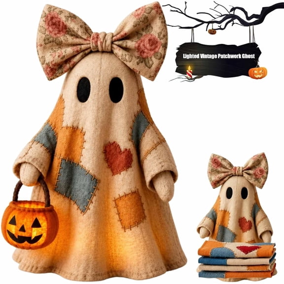 Lighted Vintage Patchwork Ghost, 3.14in Light up Quilted Ghost Doll with Pumpkin Lantern, DIY Halloween Decor Patchwork Ghosts Lamp, Rustic Fall Figurine Decoration for Mantel Shelf Entryway Porch
