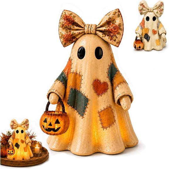 Lighted Vintage Patchwork Ghost Figurine with Floral Bow & Mini Pumpkin Bucket, Hand Stitched Fabric Ghost Doll, Rustic Fall Halloween Table Decor, Cute Trick or Treat Ghost Statue
