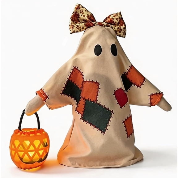 Lighted Vintage Patchwork Ghost Figurine with LED Pumpkin Lantern, 11.81 Inch Rustic Halloween Table Decor, Battery Operated Resin Ghost for Indoor Display(Cloth)Q
