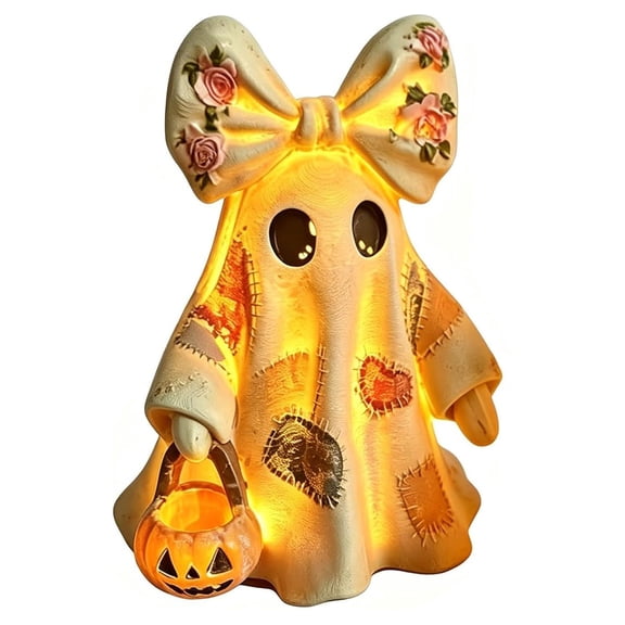Lighted Vintage Patchwork Ghost Figurine with LED Pumpkin Lantern, 11.81 Inch Rustic Halloween Table Decor, Battery Operated Resin Ghost for Indoor Display(Resin)Q