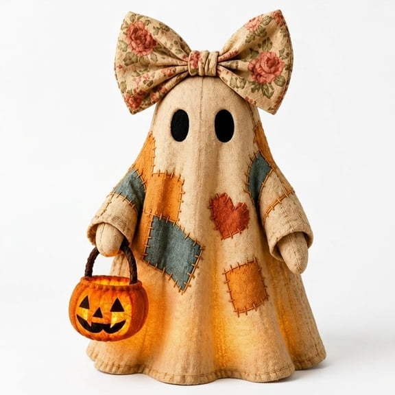 Lighted Vintage Patchwork Ghost Halloween Decor, 1 Set Yellow Resin Figurine with LED Pumpkin Lantern for Fall Mantel