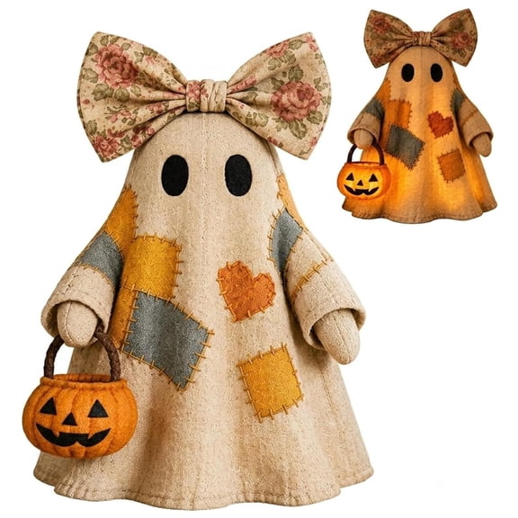 Lighted Vintage Patchwork Ghost Halloween Decor, 11.81 Inch Rustic LED Ghost Figurine With Glowing Pumpkin Lantern, Cute Fabric Cloth Tabletop Ornament For Home Mantel Shelf Gift(High quality)