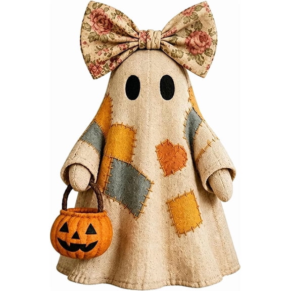 Lighted Vintage Patchwork Ghost Halloween Decor,Light Up Ghost with Pumpkin Lantern Decor,Vintage Halloween Patchwork Ghosts Lamp,Rustic Fall Figurine Decoration for Mantel Shelf Entryway Porch (B-)