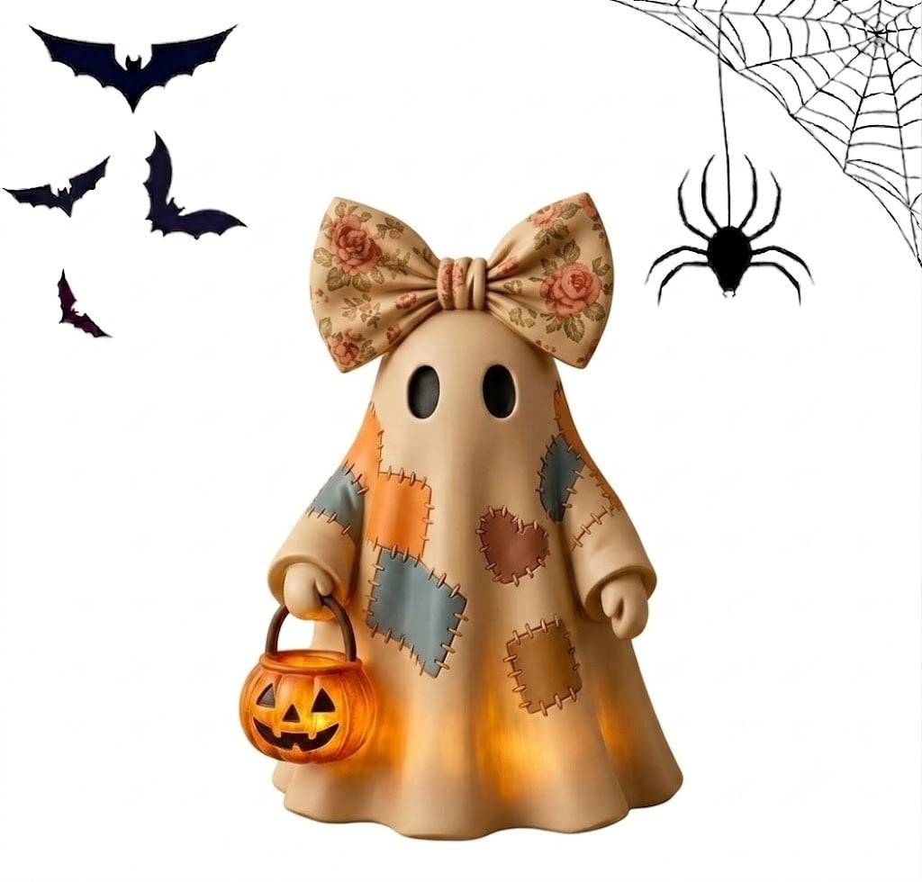 Lighted Vintage Patchwork Ghost, Light Up Ghost with Pumpkin Lantern ...
