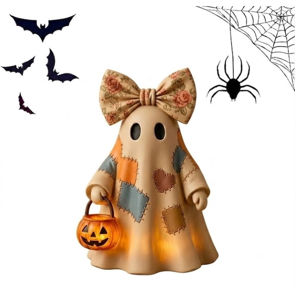 Lighted Vintage Patchwork Ghost, Light Up Ghost with Pumpkin Lantern Halloween Decor, Vintage Halloween Patchwork Ghosts Lamp, Rustic Fall Figurine Decoration for Mantel Shelf Entryway Porch