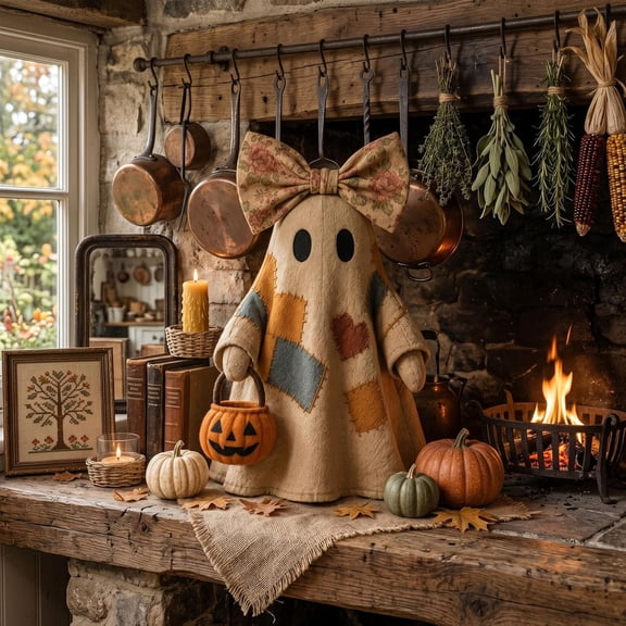 Lighted Vintage Patchwork Ghost, Light Up Retro Quilted Ghost Ornament, Cozy Spooky Halloween Decoration for Indoor Outdoor Home Decor, LED Ghost Tabletop Figurine