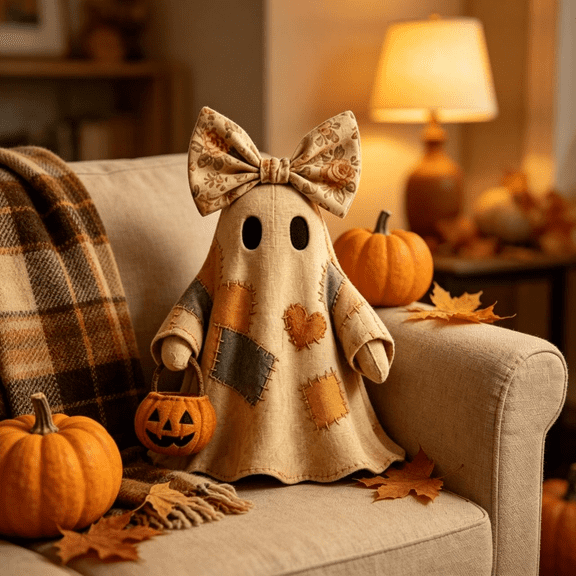 Lighted Vintage Patchwork Ghost, Light Up Retro Quilted Ghost Ornament, Cozy Spooky Halloween Decoration for Indoor Outdoor Home Decor (White)