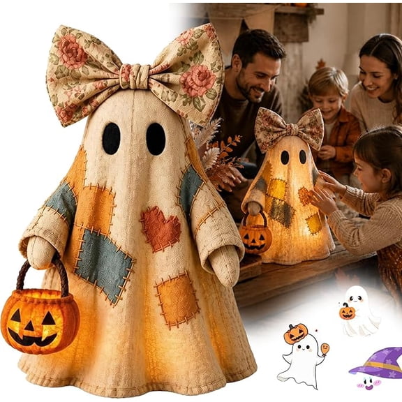 Lighted Vintage Patchwork Ghost, Light Up Retro Quilted Ghost Ornament, Cozy Spooky Halloween Decoration for Indoor Outdoor Home Decor