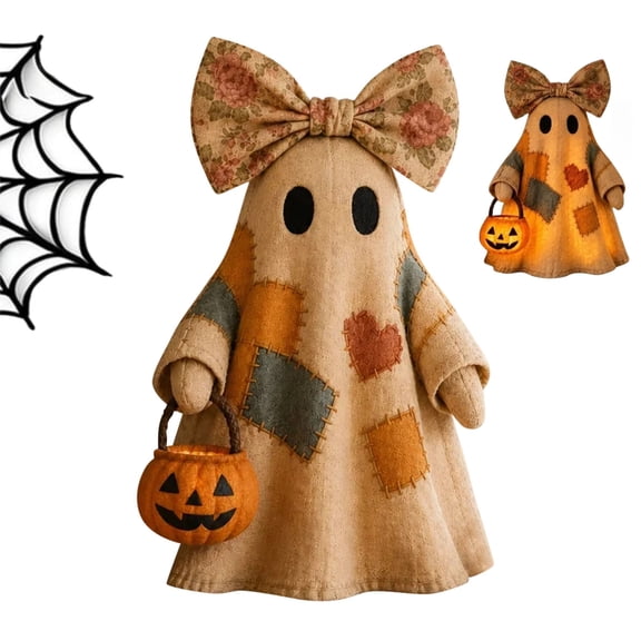 Lighted Vintage Patchwork Ghost, Outdoor Indoor Halloween Lighted Decor, Retro Quilted Ghost with Pumpkin Candy Bucket,1 PCS